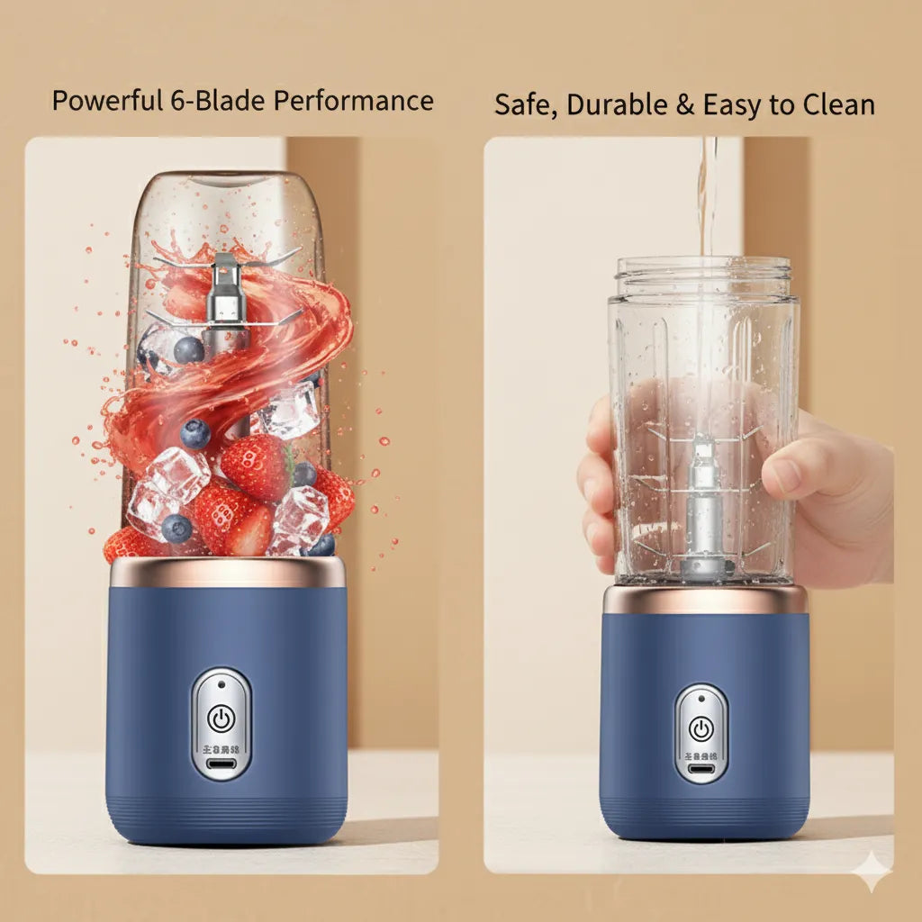 Tragbarer Personal Blender mit 6 Klingen, USB-Aufladung und 400-ml-Smoothie- und Saftbecher für Zuhause, Reisen und Fitnessstudio